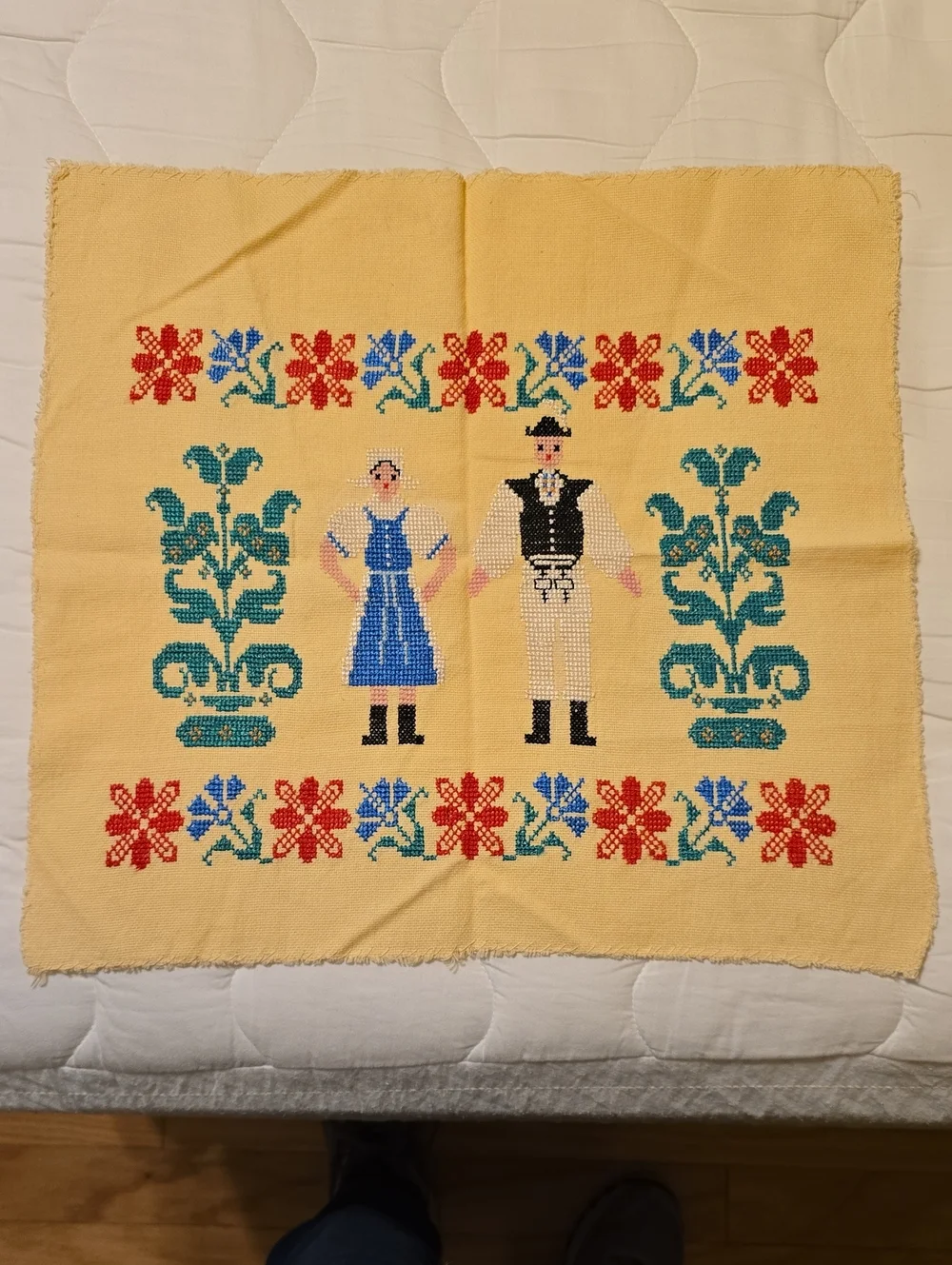 Vintage Embroidered Slovak Folk Couple Pillow Panel in Yellow